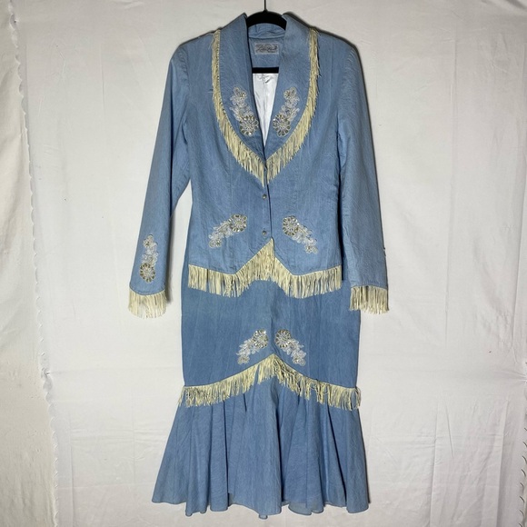 Lilia Smitty Dresses & Skirts - Vintage Lilia Smitty Blue Western Jacket and Skirt Set With Fringe M Festival